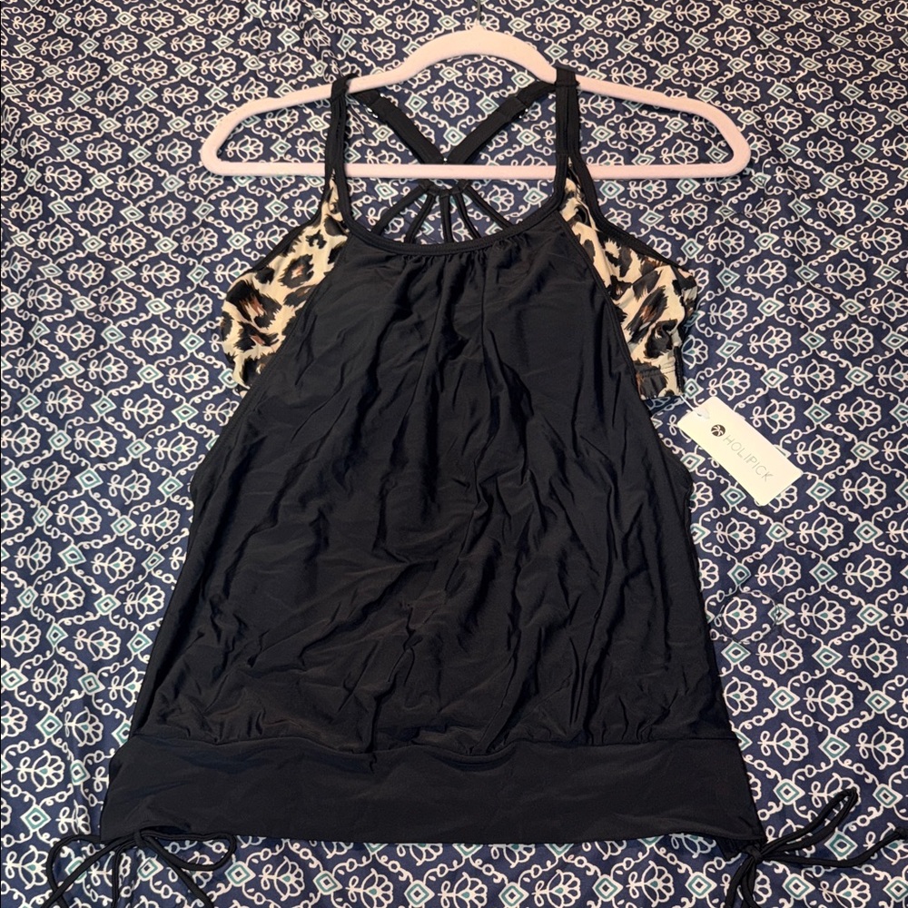 Black Tank Top with Leopard Shoulder Panels